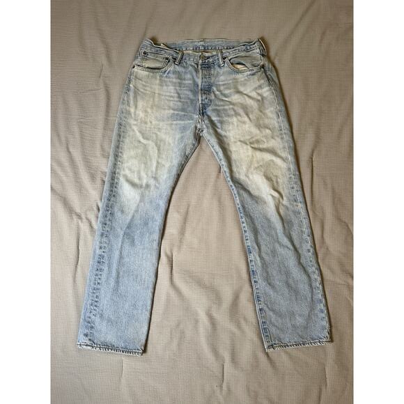 Levi’s 501 Button Fly Jeans Men 33x30 Light Wash Distressed Faded Repair - Picture 1 of 8